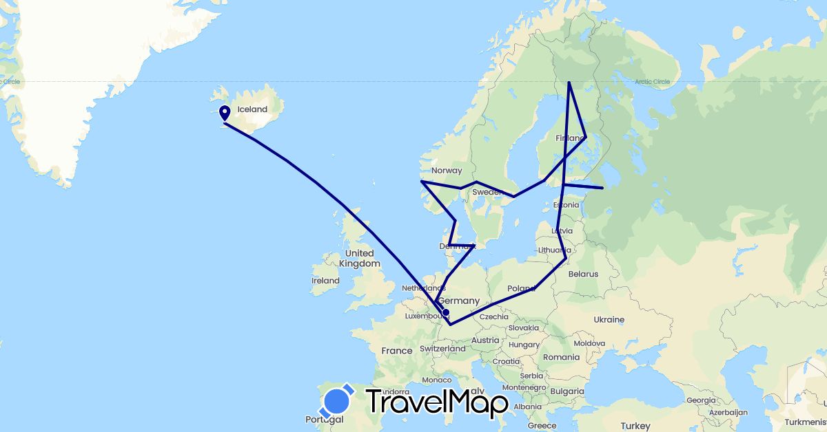 TravelMap itinerary: driving in Germany, Denmark, Estonia, Finland, Iceland, Lithuania, Latvia, Norway, Poland, Russia, Sweden (Europe)